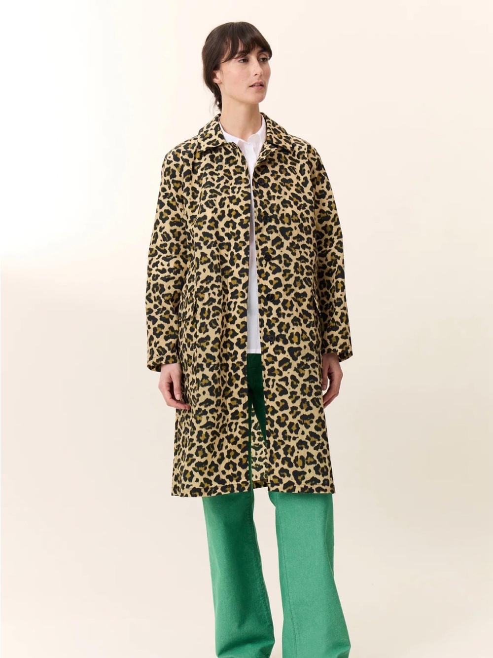 Leon & Harper Leopard Print Long Women's RainCoat - Tan/Black